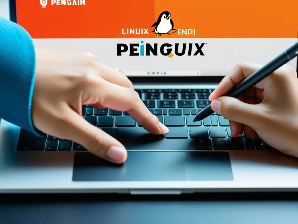 Un programador utiliza un lápiz para codificar en una laptop moderna con el logo del pingüino de Linux en la pantalla