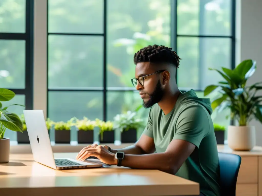 Un programador concentradx en su laptop en un escritorio minimalista, rodeado de luz natural y plantas