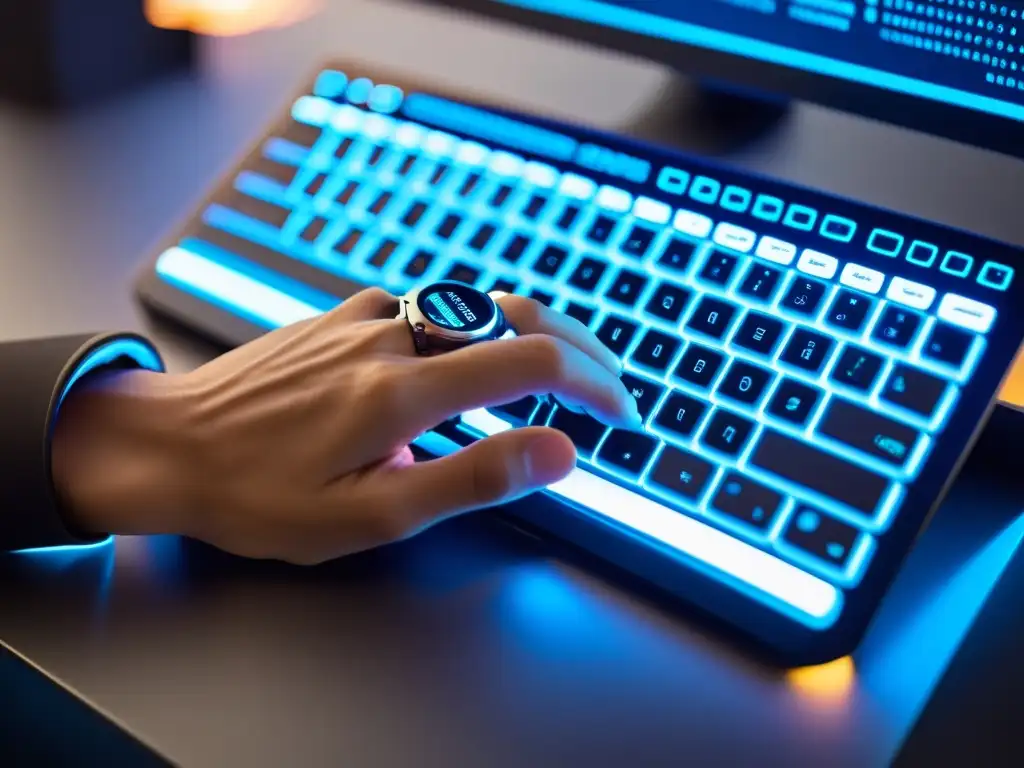 Un programador teclea código en un moderno teclado iluminado, con un smartwatch y anillos