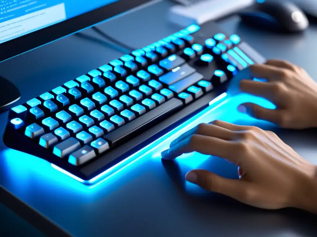 Un programador tecleando con precisión en un moderno teclado retroiluminado