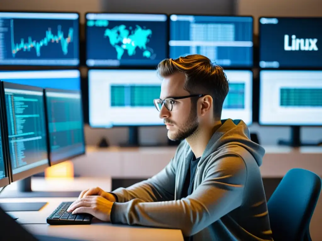 Programador trabajando en un sistema Linux, rodeado de pantallas con código y visualizaciones de datos