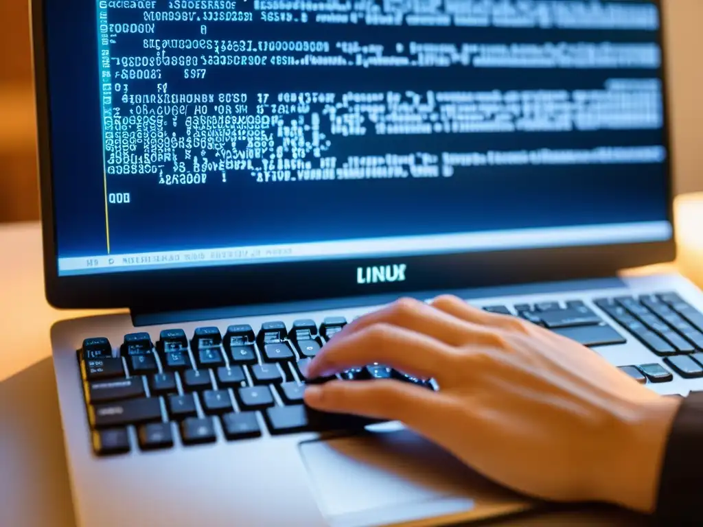 Un programador teclea en un teclado, con código del kernel de Linux en pantalla