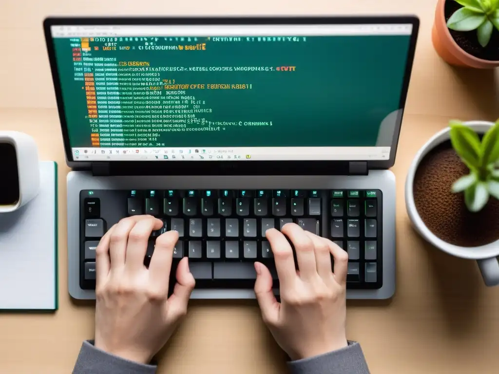 Un programador teclea en un teclado moderno con una ventana de terminal mostrando comandos Git