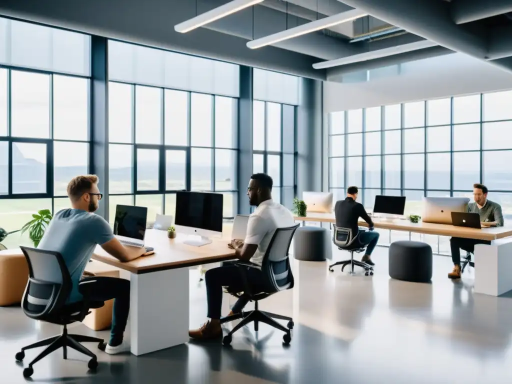 Programadores colaborando en un espacio de oficina moderno e innovador, iluminado por luz natural