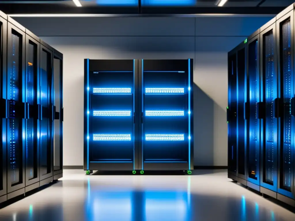 Rack de servidores BSD: eficiencia y modernidad Un rack de servidores BSD minimalista y eficiente, con luces LED azules, reflejando la modernidad del ecommerce ligero para sistemas BSD