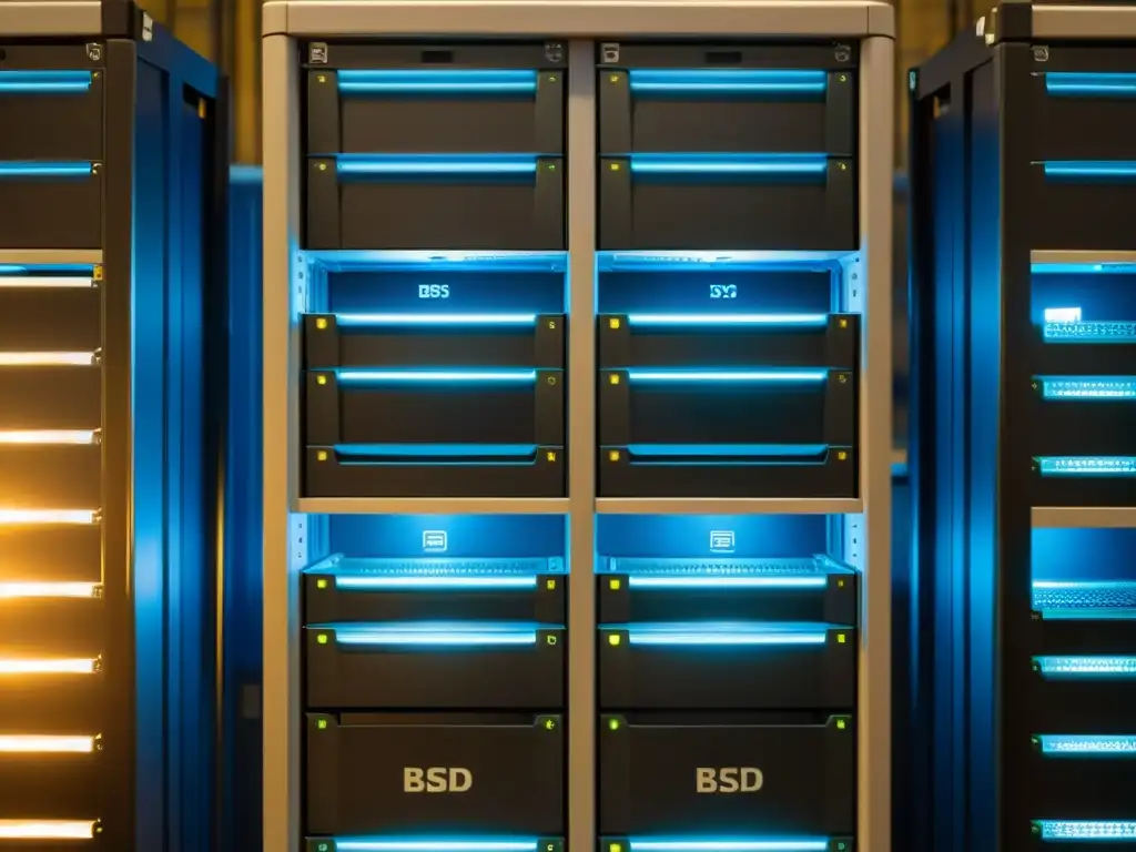 Un rack de servidores con contenedores Docker en sistemas basados en BSD, organizados y etiquetados con logos BSD, iluminados con luz cálida