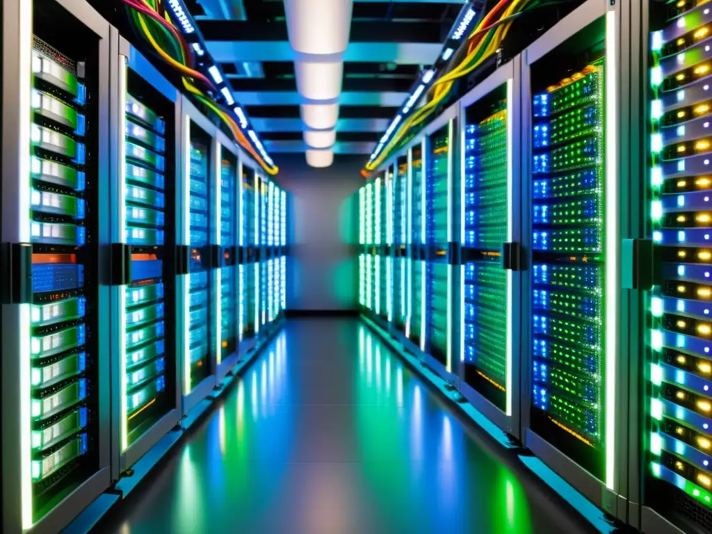 Rack de servidores dedicados Linux brillantes en data center de vanguardia, cables de colores y luces LED parpadeantes