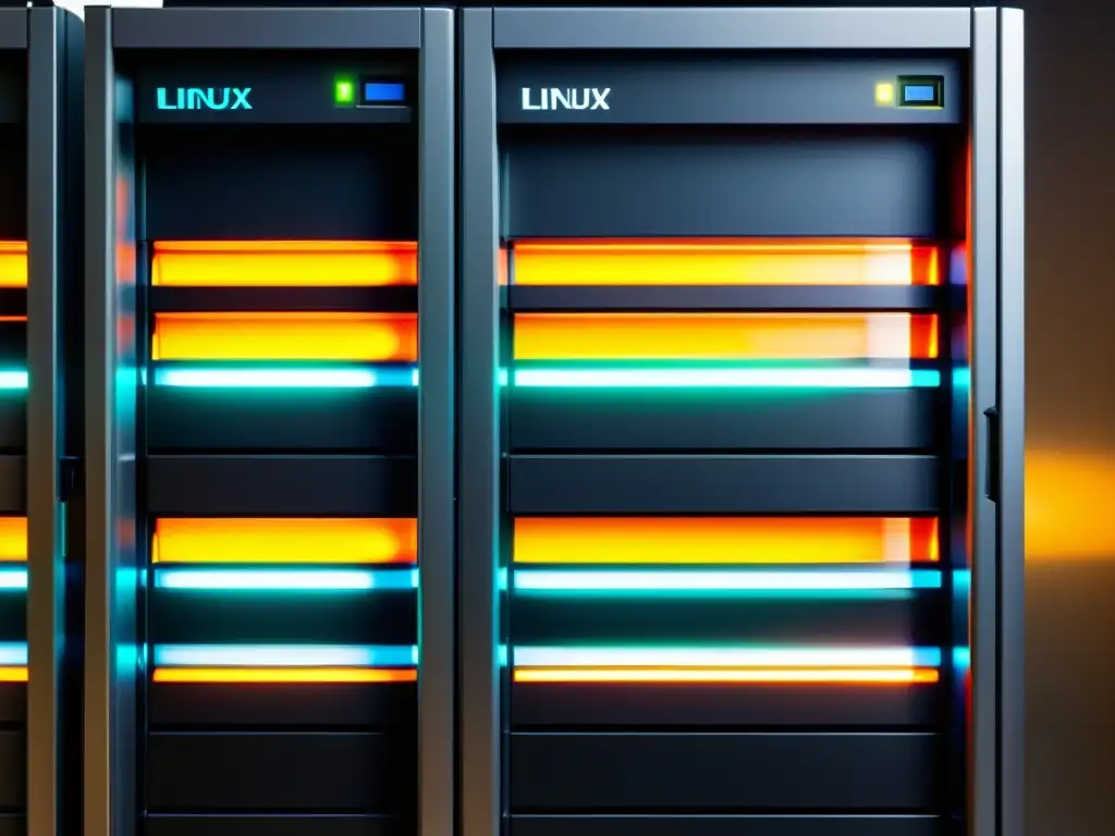 Un rack de servidores dedicados Linux, ordenados y eficientes, con luces indicadoras