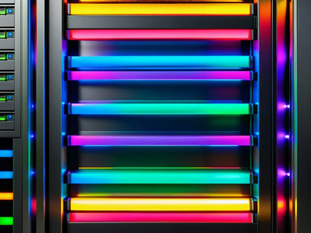 Un rack de servidores iluminados con conexiones de cables coloridos, transmitiendo la precisión y tecnología avanzada de Unix y Linux