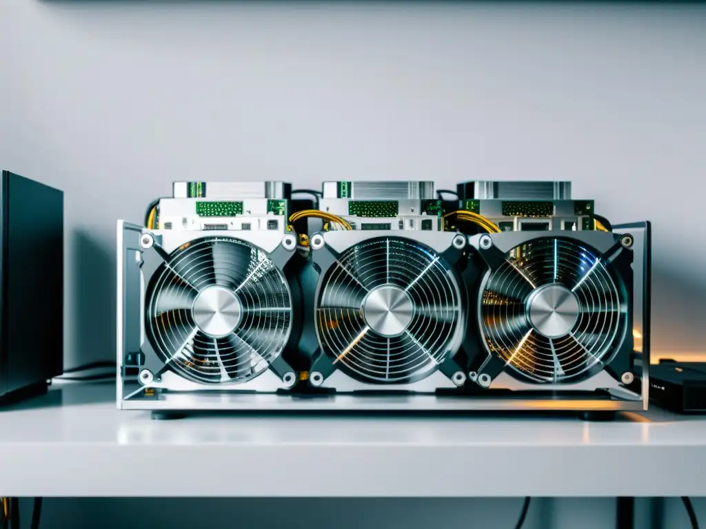 Rentabilidad de minería de criptomonedas en Linux: Detalle de una rig de minería de criptomonedas con GPUs de alta gama en un escritorio moderno, iluminado por luz natural suave