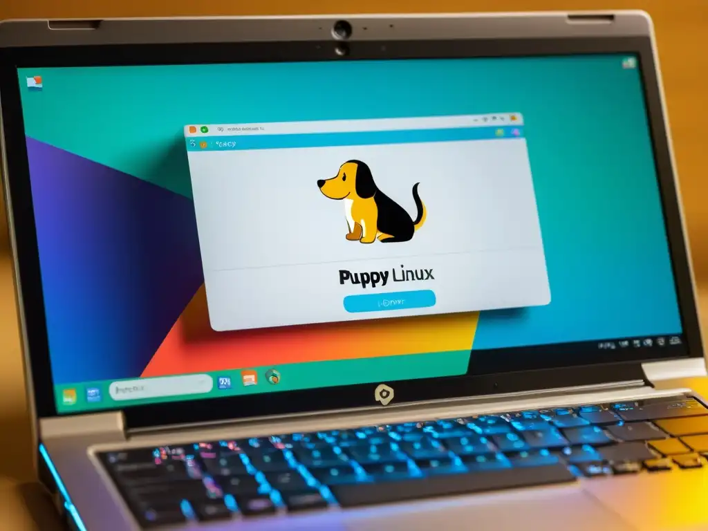 Revitalización de hardware antiguo con Puppy Linux: closeup detallado de un portátil vintage, con suave interfaz y colores vibrantes en pantalla