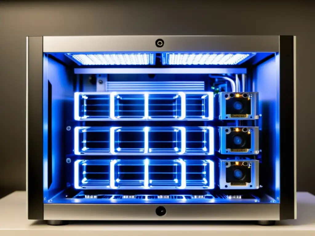 Un rig de minería Linux personalizado con iluminación LED blanca, circuitos y componentes modernos en un chasis minimalista industrial