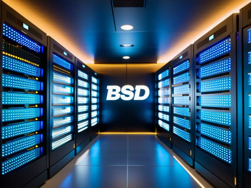Centro de servidores BSD: Orden y fiabilidad Una sala de servidores con equipos BSD, luces parpadeantes y cables, proyecta una atmósfera futurista y fiable en el internet