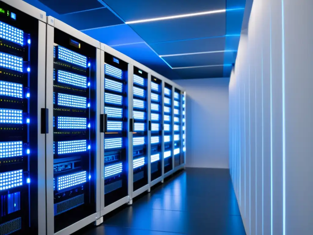 Una sala de servidores moderna y ordenada con luces LED parpadeantes