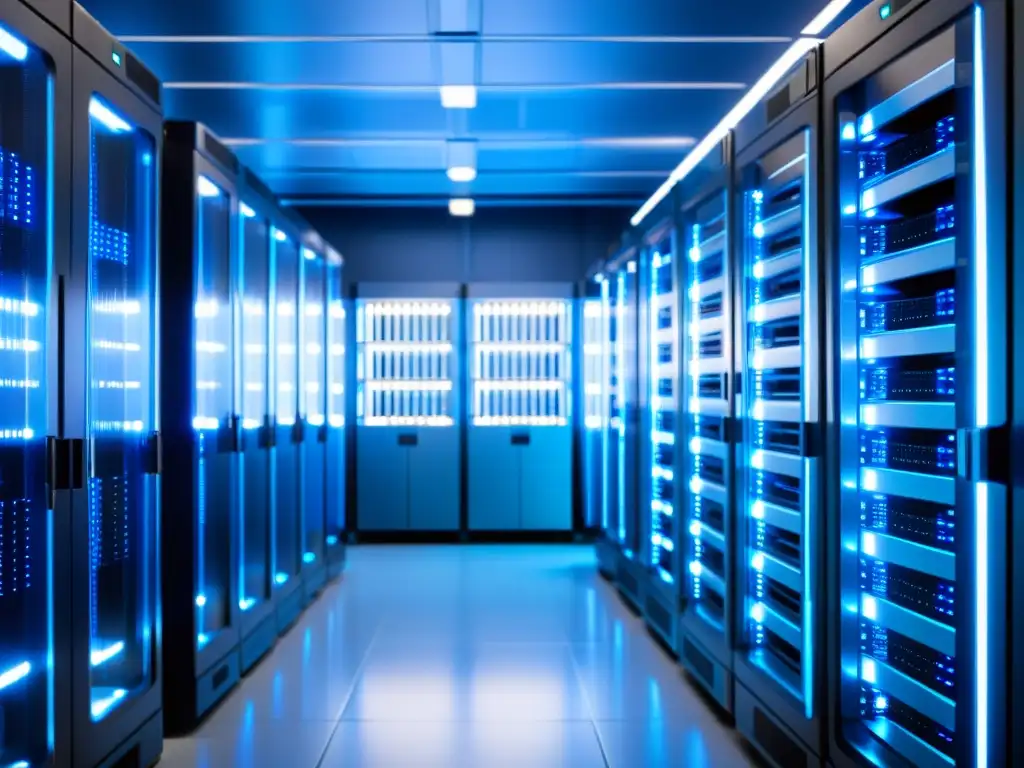 Sala de servidores ordenada y confiable: luces azules y tecnología moderna Una sala de servidores ordenada y confiable con un suave resplandor azul