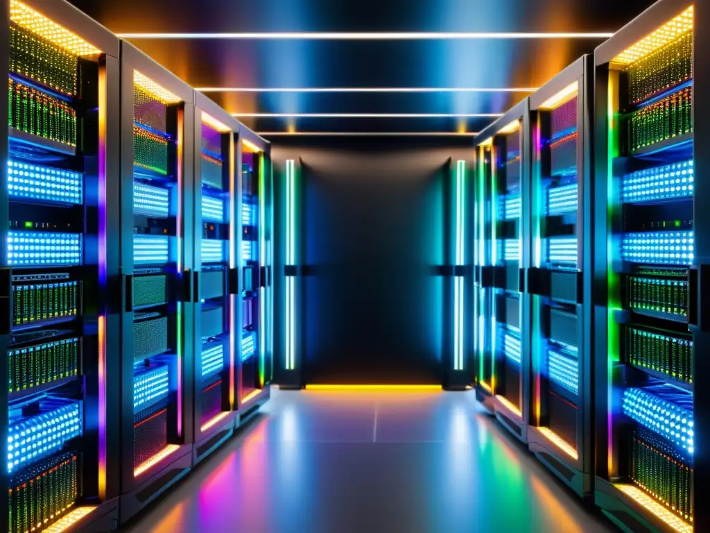 Sala de servidores: precisión y futuro en internet Una sala de servidores ordenada y futurista con servidores negros y cables coloridos formando un patrón geométrico