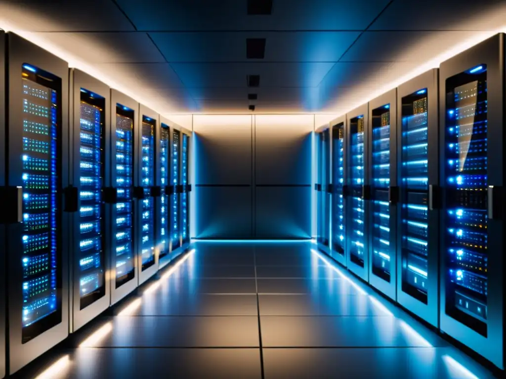 Una sala de servidores ordenada y minimalista, con luces parpadeantes y cables organizados