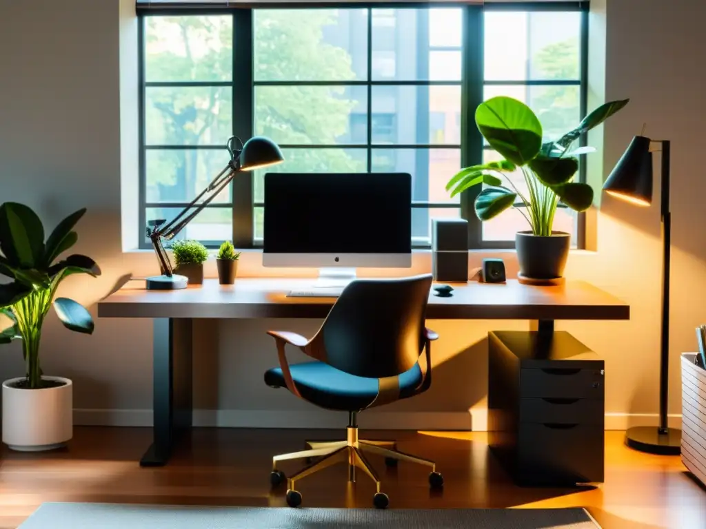 Sala de teletrabajo moderna con sistemas operativos alternativos para teletrabajo, iluminada por la cálida luz del sol