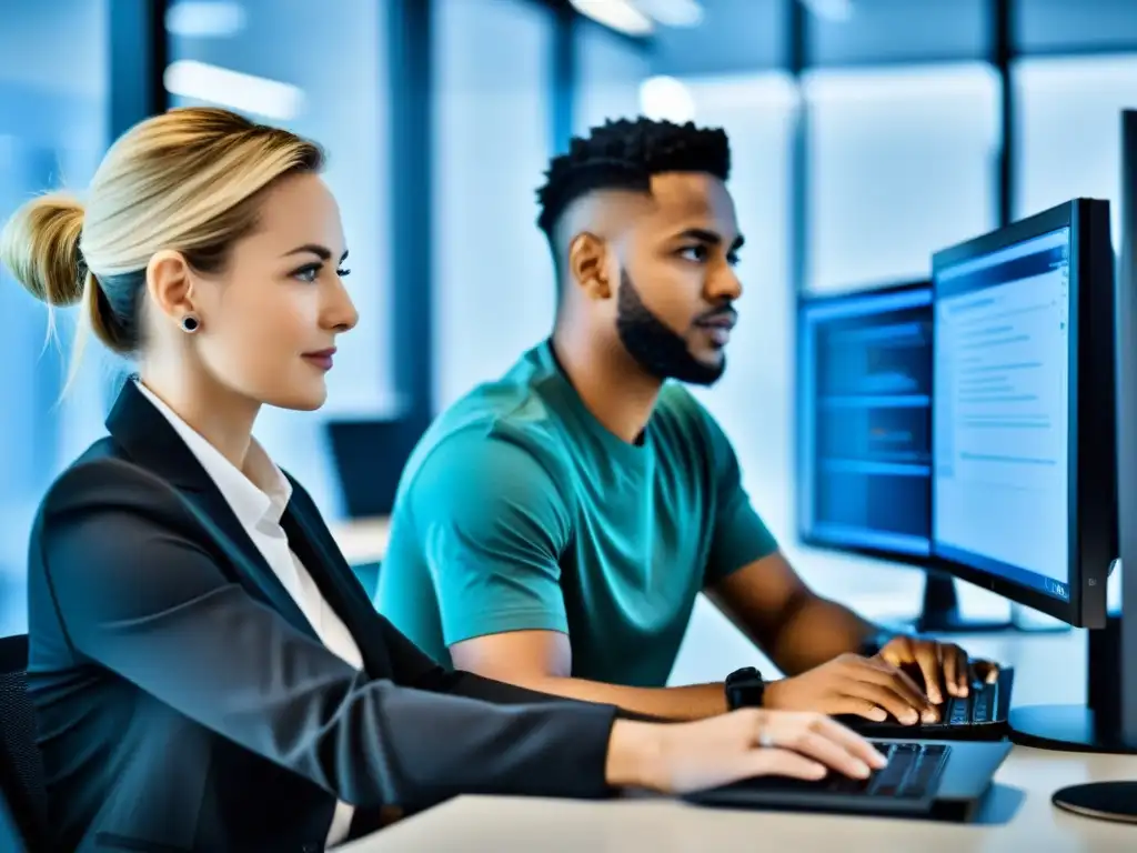 Colaboración experta en seguridad web: desarrollador y administrador BSD Colaboración en seguridad de aplicaciones web BSD: desarrollador y administrador revisan código y configuran servidores en una oficina moderna