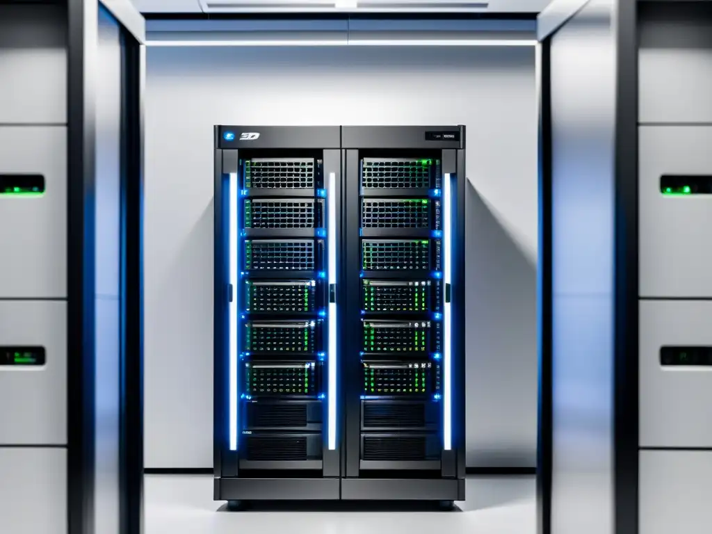 Rack de servidores BSD: eficiencia y tecnología de vanguardia Un servidor BSD moderno y eficiente en un rack, con luces parpadeantes, sobre un fondo blanco