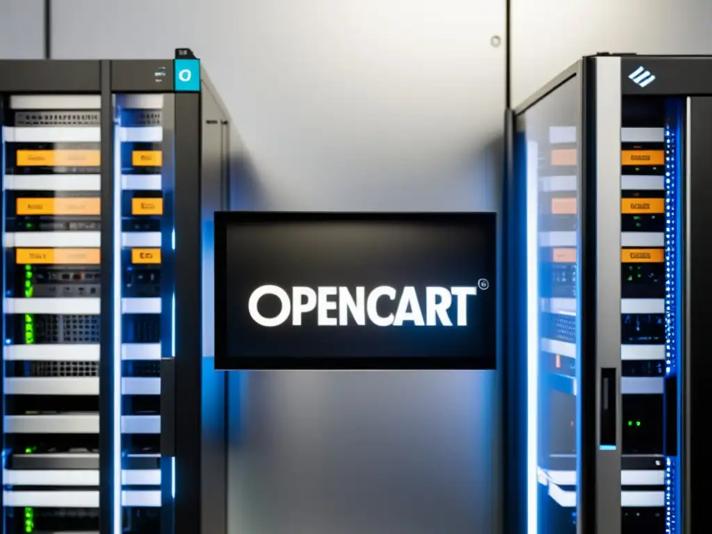 Un servidor de código abierto con el logo de OpenCart en la pantalla, en un entorno moderno y minimalista