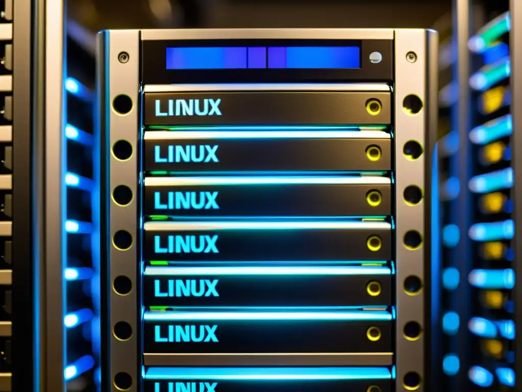 Un servidor moderno con el mejor sistema de archivos Linux hosting, cables ordenados y luces suaves iluminando el equipo