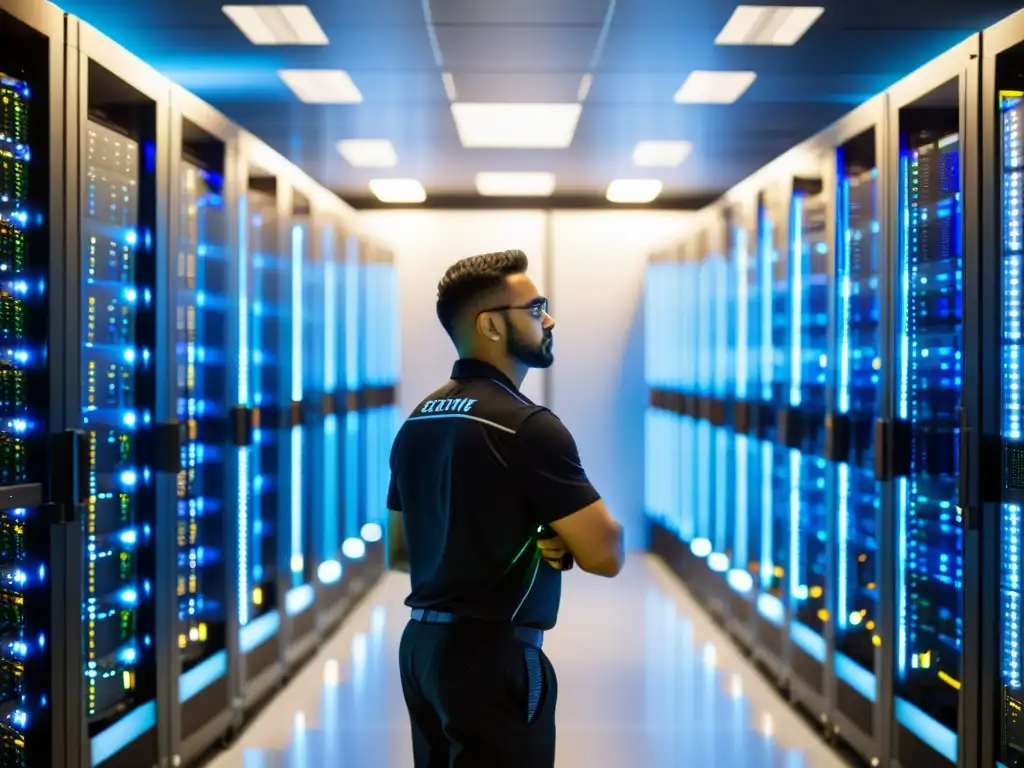 Un servidor moderno en una sala bien iluminada, con filas de racks organizados y luces LED