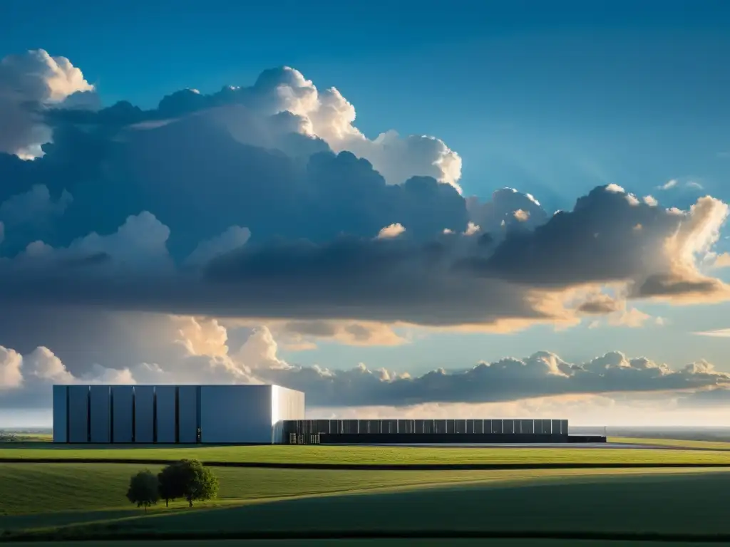 Silueta de centro de datos moderno en el horizonte, con un cielo vasto y lleno de nubes