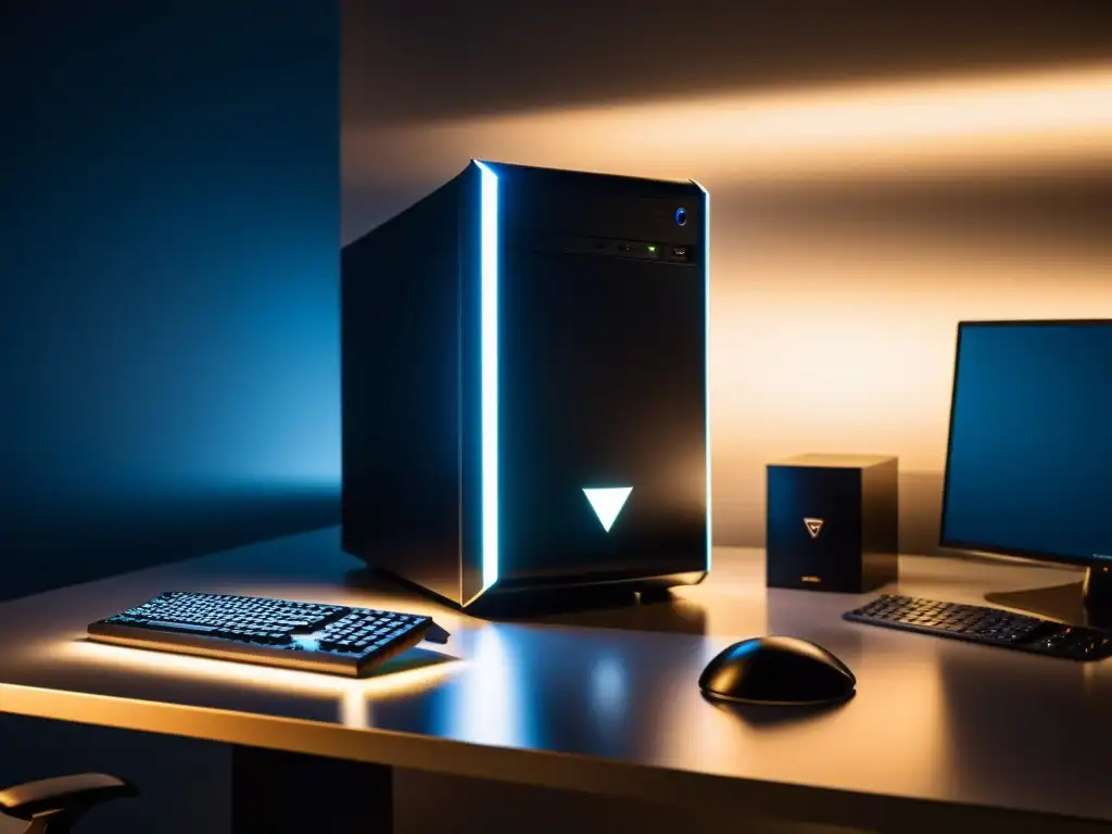 Configurar sistema BSD minar Monero: Una torre de computadora moderna y elegante iluminada con LED en un espacio minimalista