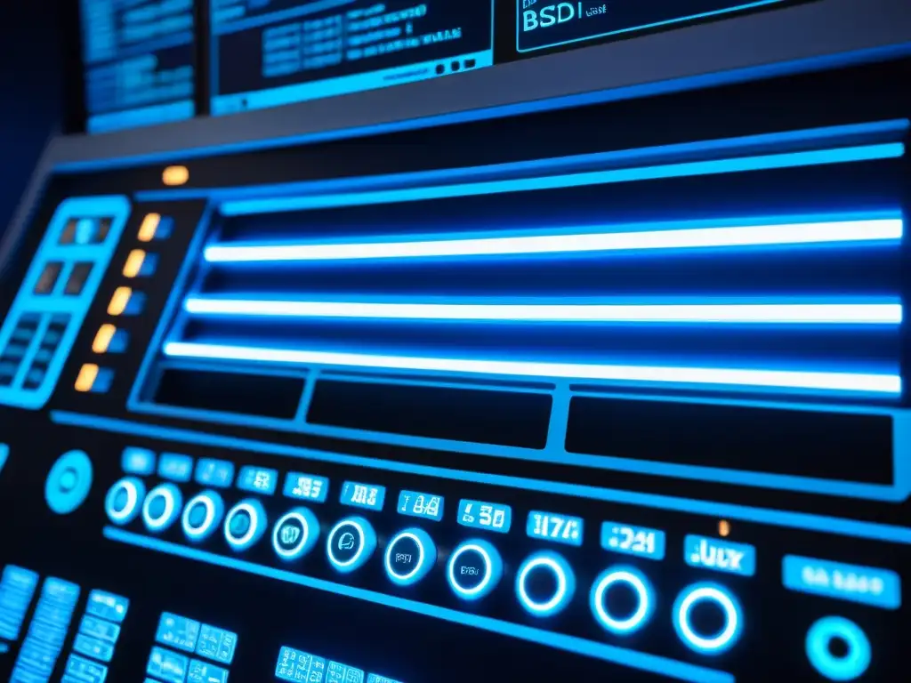 Sistema de control espacial con botones, pantallas y luz azul futurista, impulsado por Linux y BSD para sistemas críticos en misiones espaciales