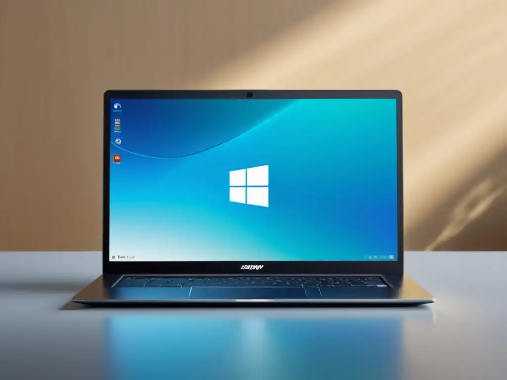 Sleek laptop con sistema operativo alternativo en pantalla, iluminación suave y fondo limpio, mostrando potencial en la era postsilicio