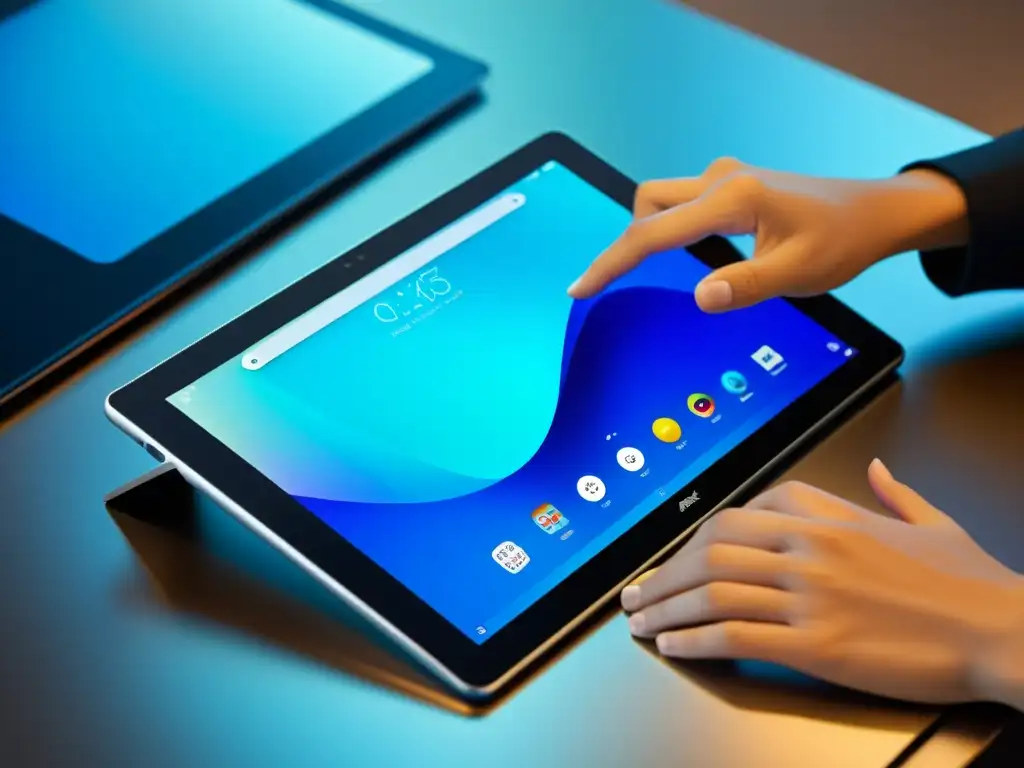 Sleek tablet con sistema operativo ARM, interfaz dinámica y entorno futurista