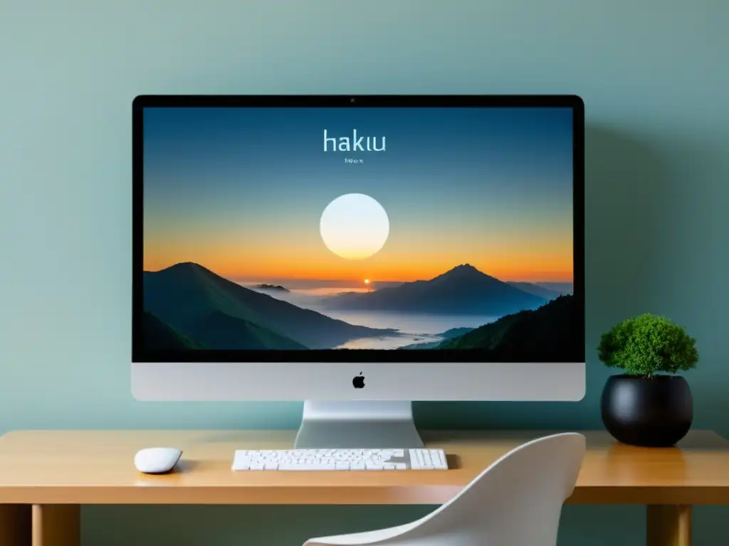 Sistema operativo Haiku OS en un monitor moderno, interfaz limpia y relajante, evocando paz y elegancia