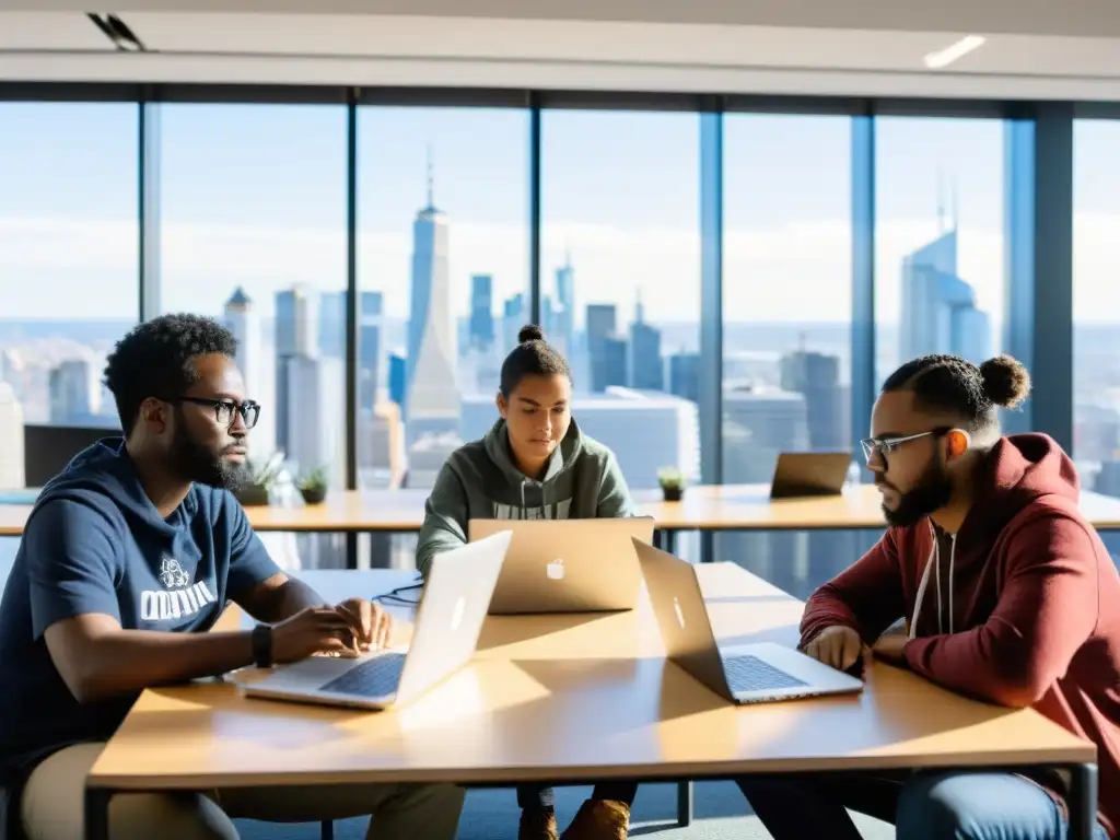 Innovación en sistemas operativos alternativos: Ingenieros colaboran en hackathon, con laptops y cuadernos de programación, en una habitación llena de luz natural, con vista a la ciudad