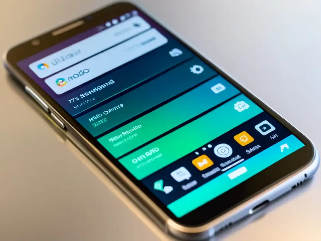 Sistemas operativos alternativos para móviles: Interfaz moderna y sofisticada en pantalla de smartphone con diseño minimalista, elegante y tecnológico