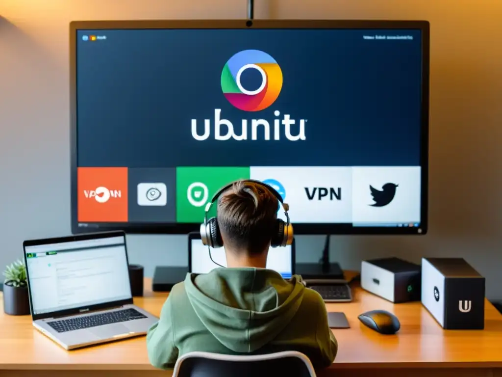 Implementando VPNs en sistemas operativos alternativos: Persona usando laptop rodeada de tecnología, cables y libros de referencia