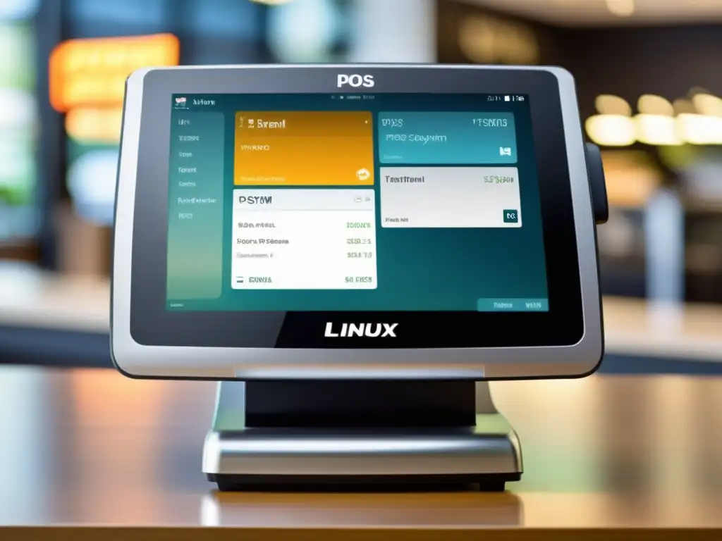 Sistemas POS Linux para comercio: Moderno terminal POS en un entorno minimalista, iluminado con luz natural, exudando profesionalismo y eficiencia