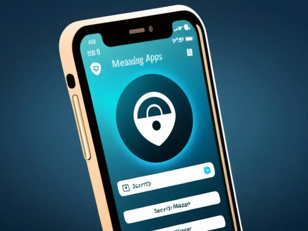 Smartphone con apps de mensajería encriptada, gestor de contraseñas y VPN en interfaz minimalista y elegante