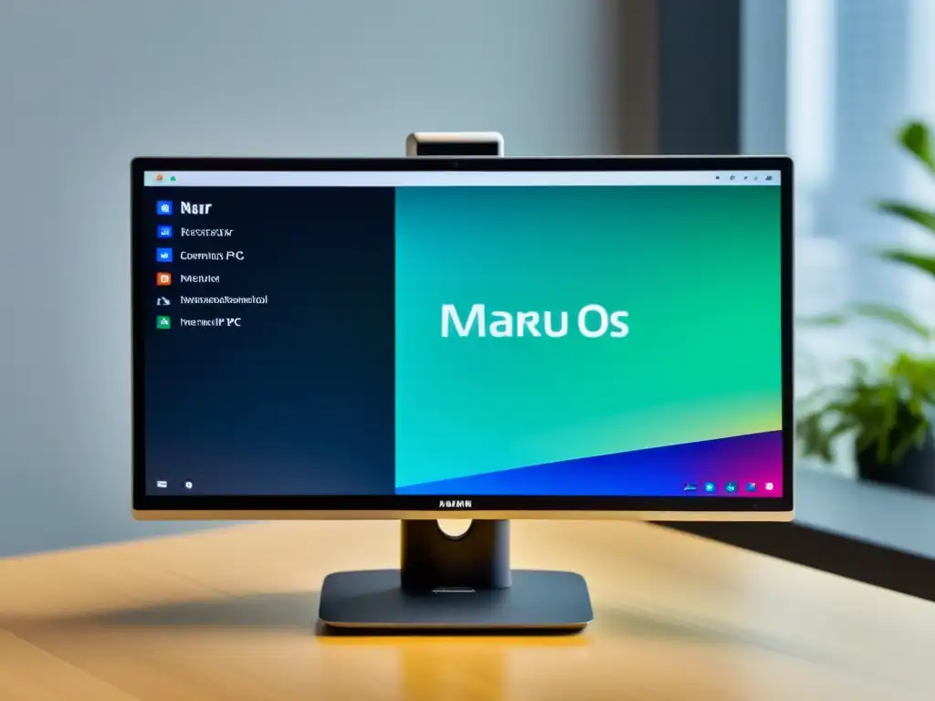 Un smartphone conectado a un monitor muestra la interfaz de Maru OS, demostrando su capacidad para convertir un smartphone en PC