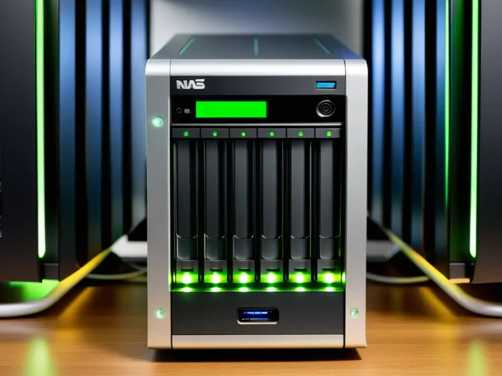 Soluciones NAS y RAID para Linux: Un sistema de almacenamiento personalizado con múltiples discos duros organizados en un elegante gabinete, junto a un espacio de trabajo minimalista y eficiente con una computadora Linux