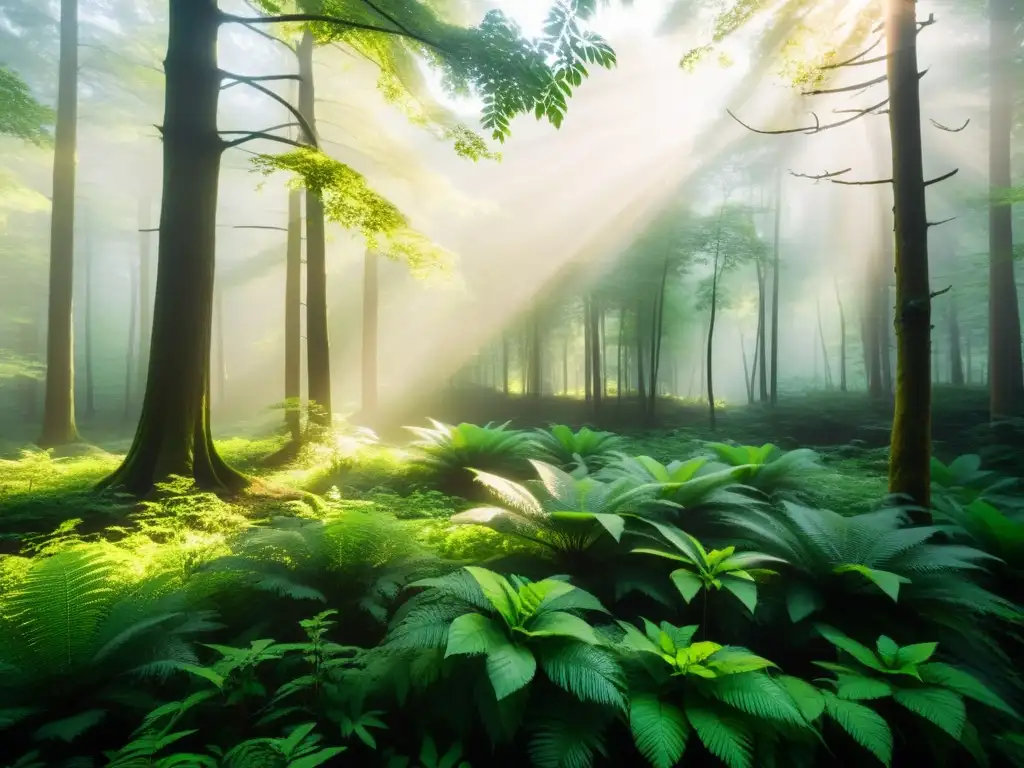 Sostenibilidad ambiental y la belleza natural de un bosque exuberante bañado en luz dorada, transmitiendo armonía y equilibrio