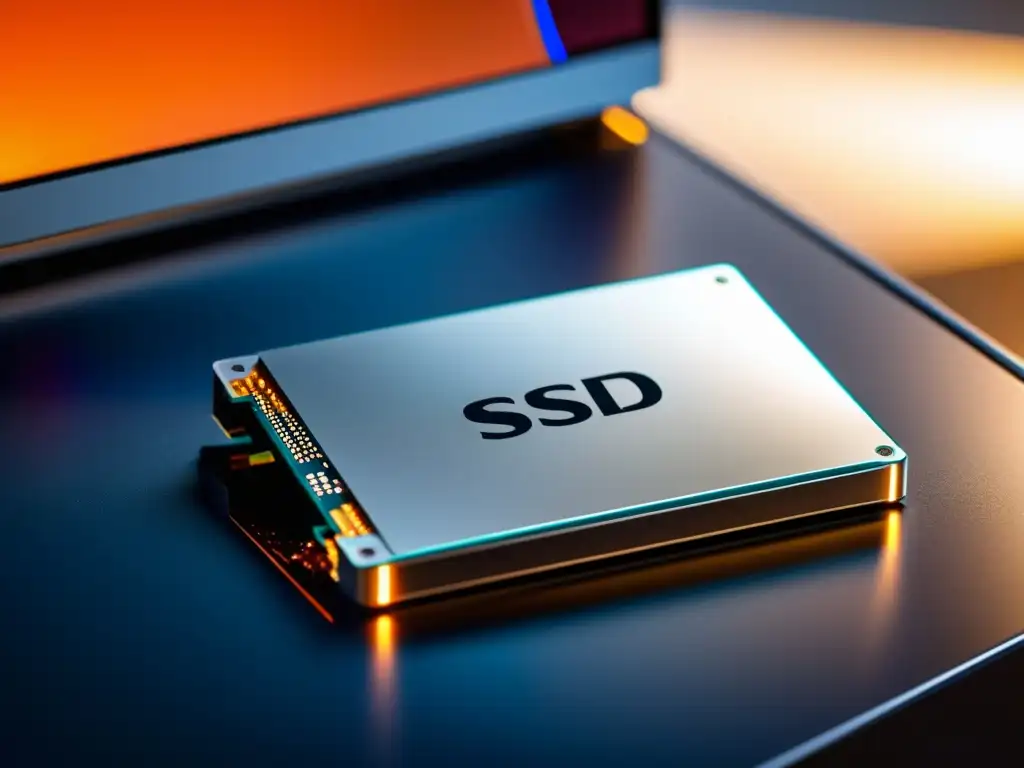 Un SSD de alta tecnología en un entorno profesional minimalista, resaltando la optimización de almacenamiento SSD y Linux