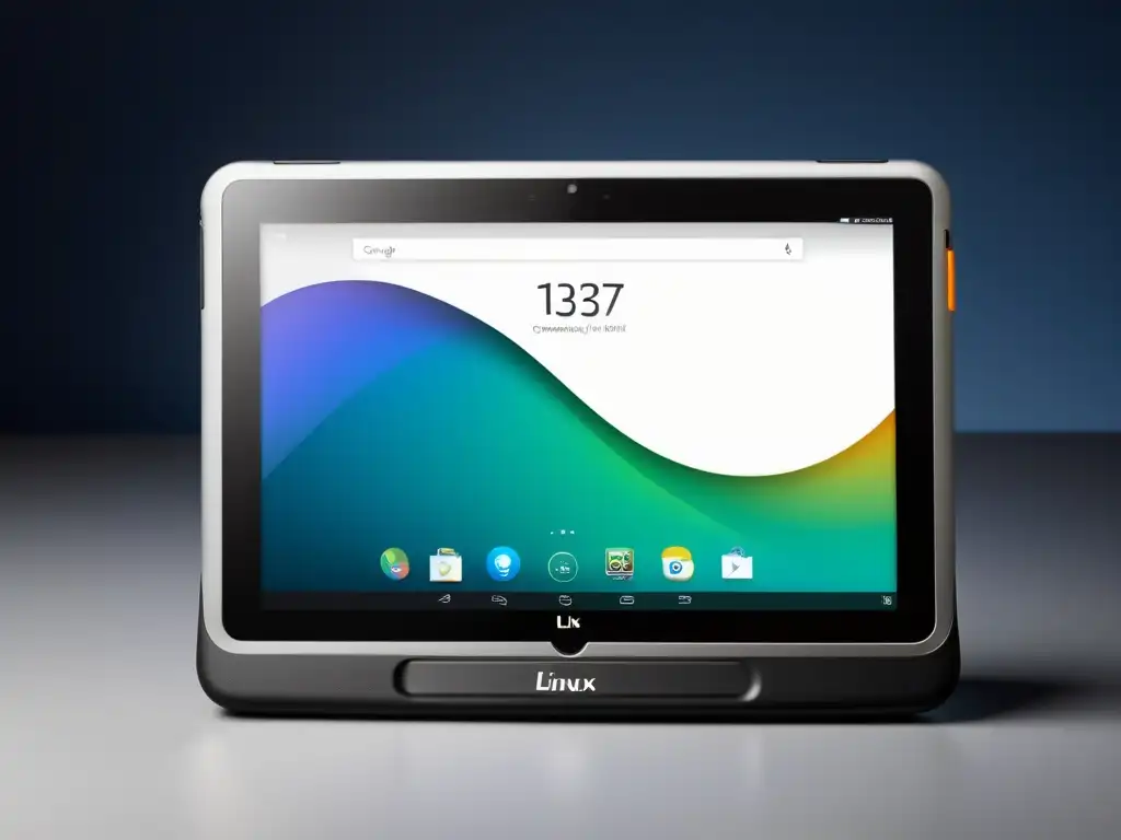 Una tableta elegante y profesional ejecutando Linux en un entorno limpio y bien iluminado