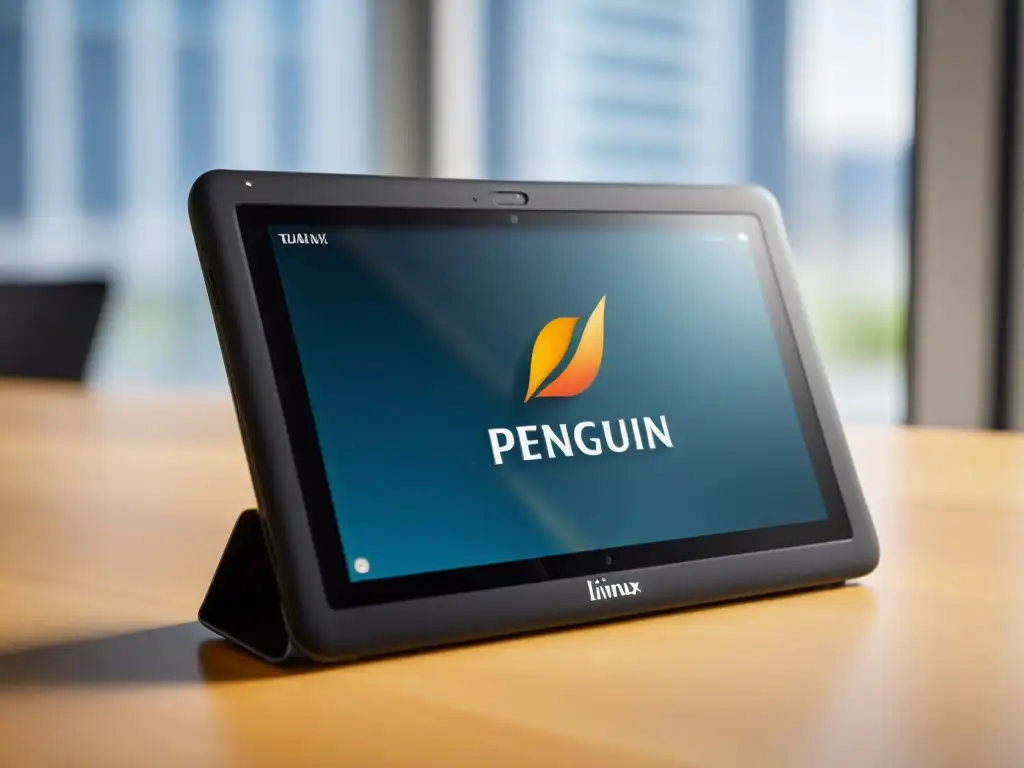 Una tableta negra mate con el logo del pingüino de Linux en la pantalla, iluminada por luz natural