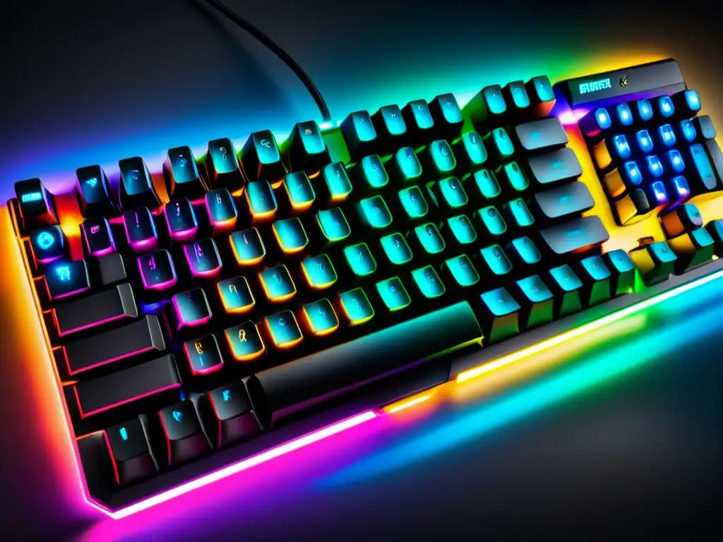 Un teclado gaming moderno con iluminación RGB muestra tecnología de vanguardia y diseño de alto rendimiento para configuraciones gaming Linux óptimas