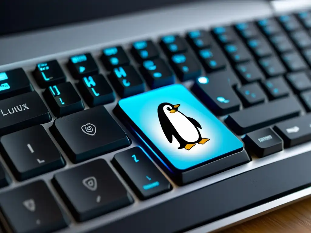 Teclado de laptop moderno con logo de Linux, iluminado por luz natural