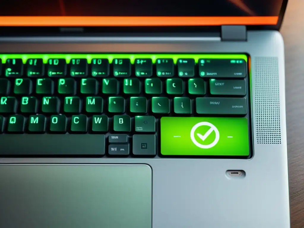 Un teclado de laptop con la pantalla mostrando un ícono de batería verde y el botón de encendido visible