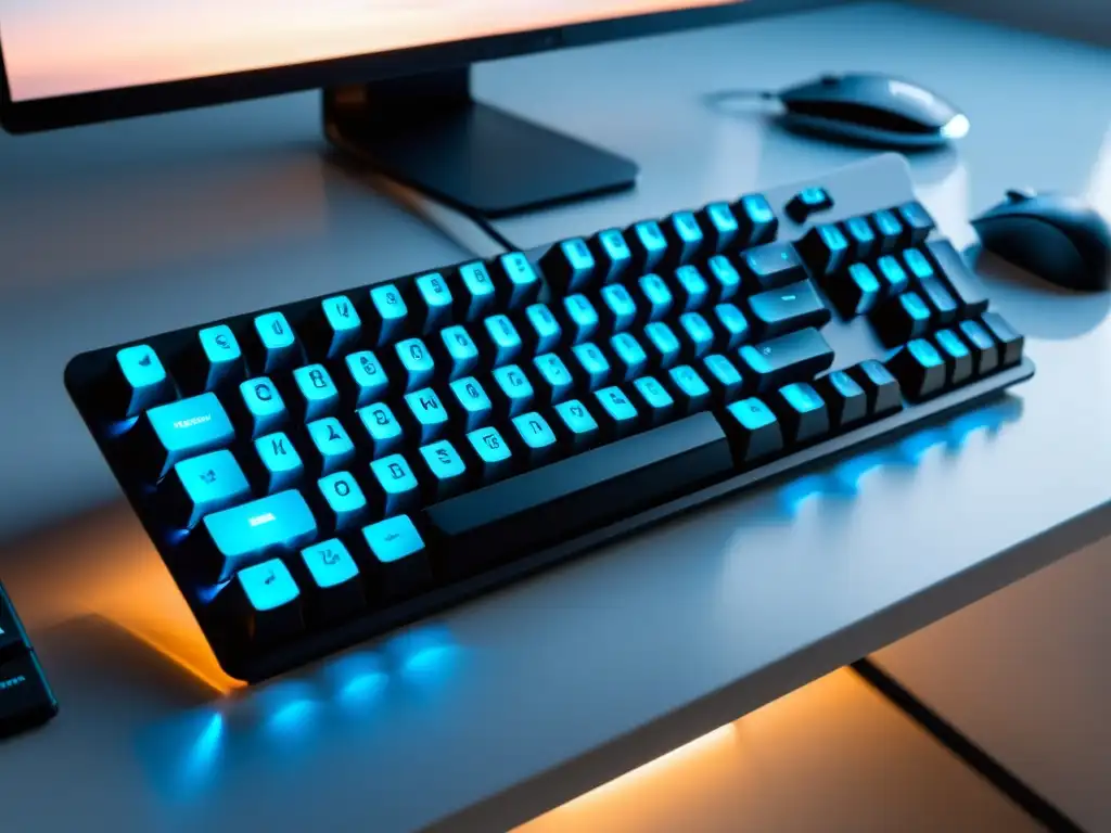 Teclado mecánico negro sobre escritorio blanco, iluminado por luz natural