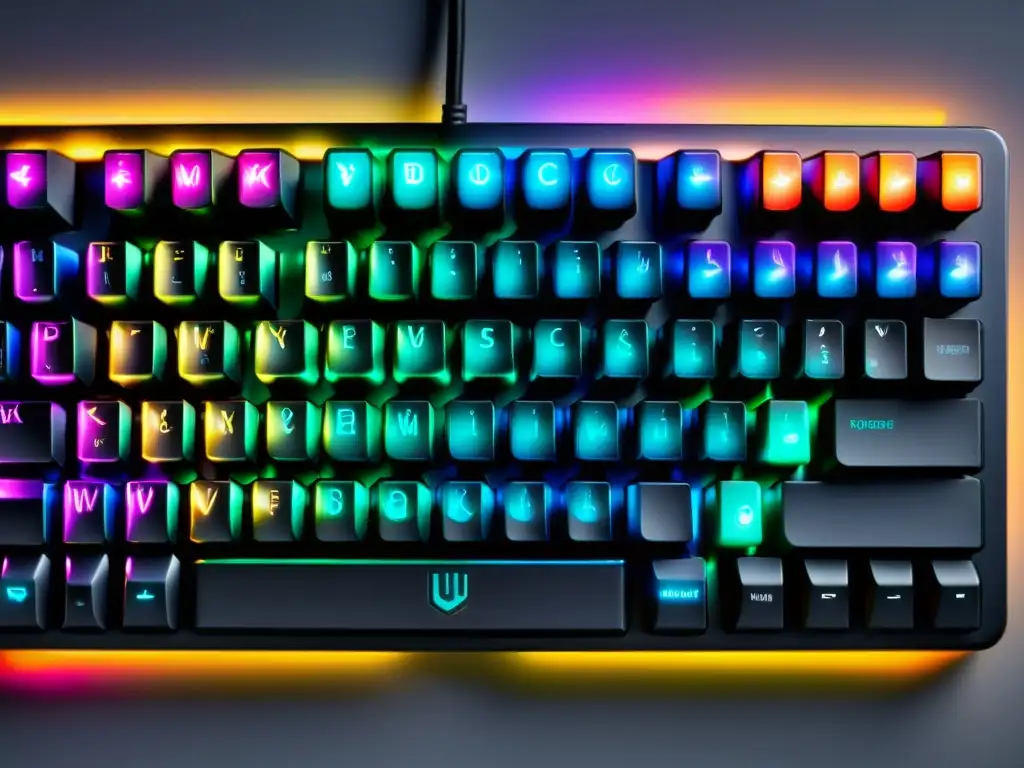 Un teclado mecánico negro con iluminación RGB, diseño minimalista y logo de fabricante de hardware para Linux