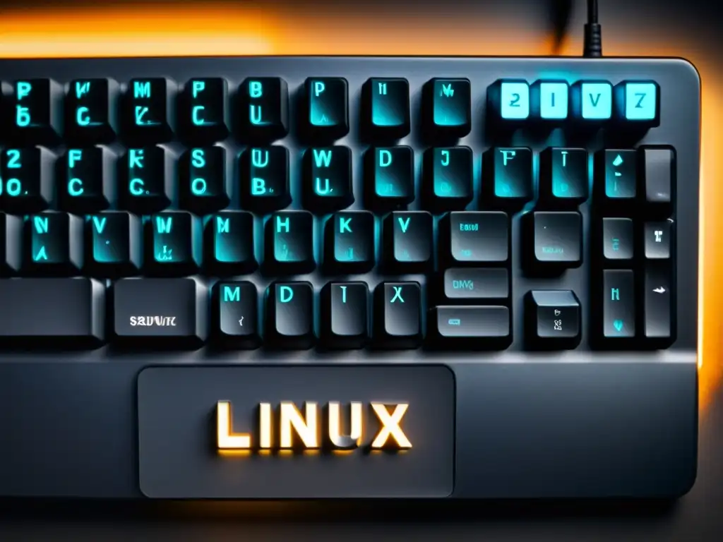 Un teclado moderno y elegante con teclas iluminadas en un fondo oscuro